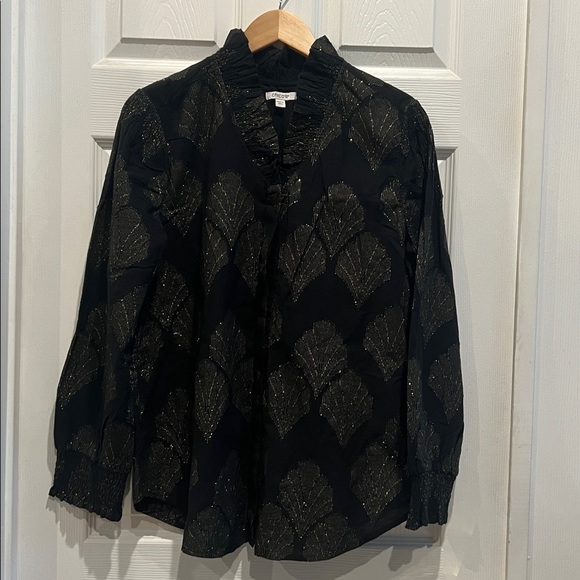 CHICOS Ruffled Black and Gold Button Front Top - Picture 2 of 8